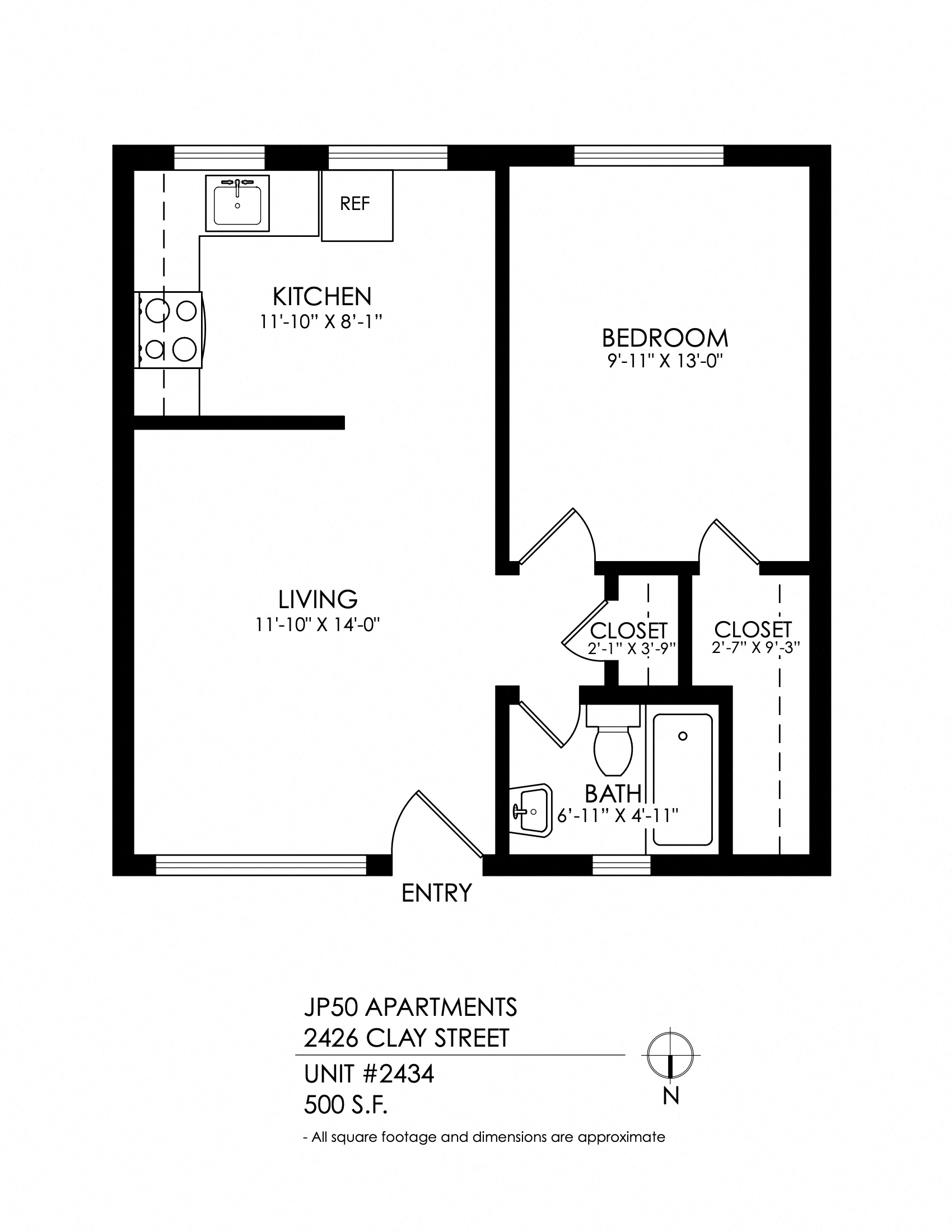 Floor plan for 1 bed, 1 bath, 400 sqft